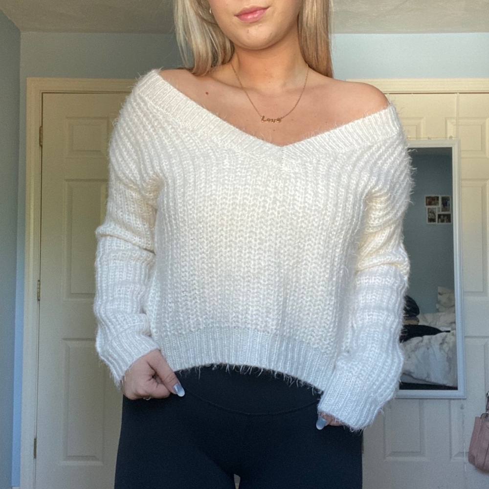 Off the shoulder white fur sweater